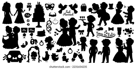 Vector wedding silhouettes set. Marriage ceremony black icons collection with just married couple, bride, groom, bridesmaids, cake, rings. Cute matrimonial holiday shadow illustrations
