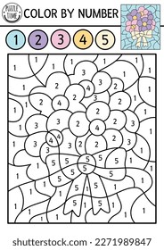 Vector wedding or spring color by number activity with cute bouquet and bow. Marriage ceremony or bride accessory. Black and white counting game or coloring page with flower arrangement
