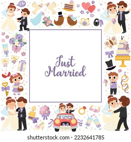 Vector wedding square frame with just married couple. Marriage ceremony card template for banners, invitations. Cute matrimonial illustration with bride, groom, bridesmaids, bridegroom, cake, rings
