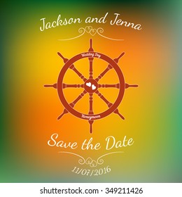 Vector wedding steering wheel with hearts over abstract colorful blurred vector background. Element for wedding designs, website, logo, and other. Greeting card template, Save the Date.