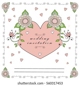 Vector wedding. Template for invitation. Beautiful hand drawn floral ornaments, vignettes in sketch style.