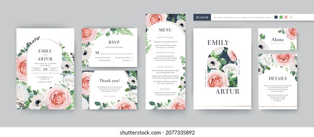 Vector wedding template set. Editable invite, save the date, menu, rsvp, details floral cards. Modern trendy design. Watercolor peach garden rose, white anemone flower, eucalyptus green leaves bouquet