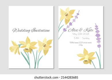 Vector wedding template with spring design, lavender and daffodil