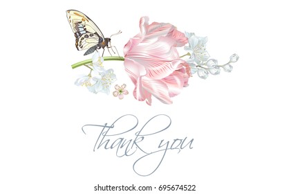 Vector wedding thank you card with elegant pink tulip flower and butterfly isolated on white background. Can be used as floral design for cosmetics, perfume, health care products, greeting cards
