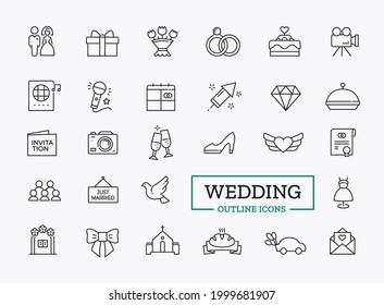 Vector wedding thin line icons with symbol of heart, marriage ceremony, bride, dress for holiday