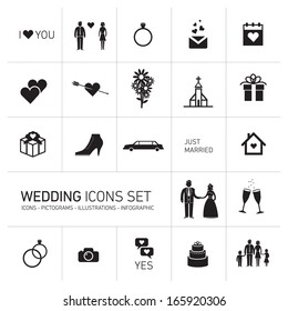 vector wedding and valentine romantic icon and pictogram set | flat design infographic square template black on white background