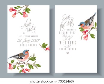 Vector wedding vertical cards with bird on a pomegranate branch isolated on white background. Romantic design for wedding invitation card. Can be used for poster, brochure, scrapbook