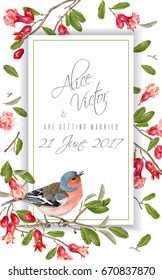 Vector wedding vertical frame with finch bird on a pomegranate branch isolated on white background. Romantic design for wedding invitation card. Can be used for poster, brochure, scrapbook