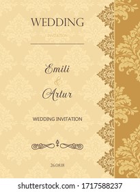 Vector wedding vintage card. Damask gold pattern. Vector illustration.