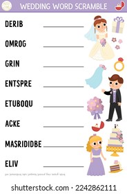 Página de actividad de desguace de palabras de bodas de vectores. Juego en inglés con novia y novio para niños. Ceremonia matrimonial preguntas familiares con dama de honor, anillo, torta. Hoja de cálculo imprimible educativa.
