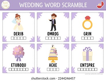 Vector wedding word scramble activity cards. English language game with bride and groom for kids. Marriage ceremony family quiz with bridesmaid, ring, cake. Educational printable worksheet