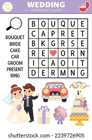 Vector wedding wordsearch puzzle for kids. Simple word search quiz with marriage ceremony landscape for children. Educational activity with bride, groom, cake. Cross word with traditional symbols
