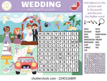 Vector wedding wordsearch puzzle for kids. Word search quiz with marriage ceremony landscape for children. Educational activity with bride, groom, guests, cake. Cross word with holiday scene