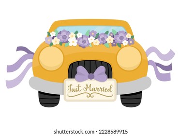Vector wedding yellow car decorated with purple flowers and ribbons. Honeymoon automobile with just married plate. Cute marriage clipart. Bride and groom transportation. Funny ceremony illustration
