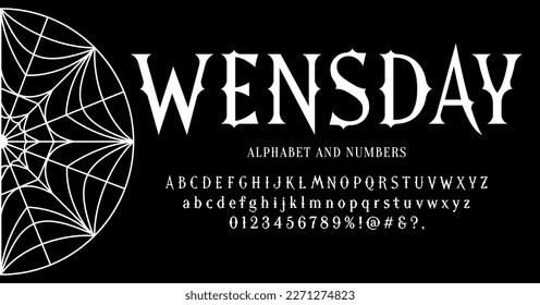 Vector Wednesday alphabet with signs, symbols and numbers. White font on black background.