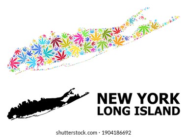 Vector weed mosaic and solid map of Long Island. Map of Long Island vector mosaic for weed legalize campaign. Map of Long Island is formed with colored weed leaves.