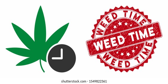 Vector weed time icon and grunge round stamp seal with Weed Time text. Flat weed time icon is isolated on a white background. Weed Time seal uses red color and grunge design.