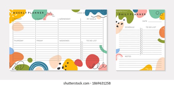 Vector weekly and daily planners templates with abstract organic shapes and doodles.Organizer and schedule with place for notes; goals and to do list.Trendy cartoon style.Abstract modern design.
