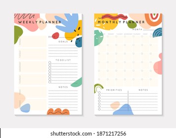 Vector weekly and daily planners templates with abstract organic shapes and doodles.Organizer and schedule with place for notes; goals and to do list.Trendy cartoon style.Abstract modern design.