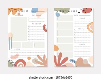 Plantillas de planificadores vectoriales semanales y diarios con formas abstractas y garabatos en tonos tierra neutros.Organizador y planificador con lugar para notas; objetivos y hacer lista.Resumen del diseño moderno.