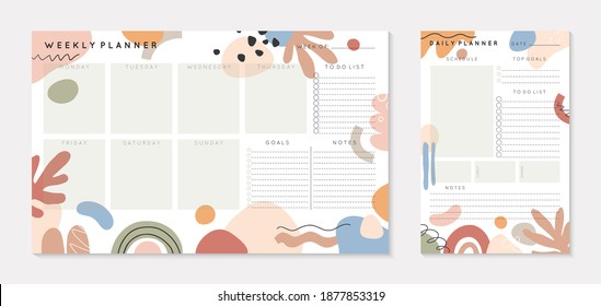 Vector weekly and daily planners templates with abstract shapes and doodles in neutral earthy tones.Organizer and schedule with place for notes; goals and to do list.Abstract modern design.