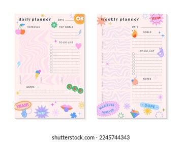 Vector weekly and daily planners templates with y2k patches,icons and emblems.Organizer and schedule with place for notes; goals,to do list.Trendy layout in 90s groovy aesthetic.Abstract modern design