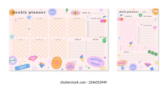 Vector weekly and daily planners templates with y2k patches,icons and emblems.Organizer and schedule with place for notes; goals,to do list.Trendy layout in 90s groovy aesthetic.Abstract modern design