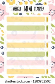 Vector weekly meal planner with flowers. Cute page for notes. Notebooks, diary, school accessories. Cute romantic planner page. Weekly Planner Template. Organizer and Schedule.