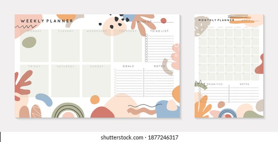 Vector weekly and monthly planners templates with abstract shapes and doodles in neutral earthy tones.Organizer and schedule with place for notes; goals and to do list.Abstract modern design.