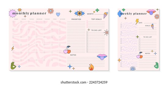 Vector weekly and monthly planners templates with y2k patches,icons and emblems.Organizer and schedule with place for notes;goals,to do list.Trendy layouts in 90s groovy aesthetic