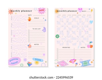 Vector weekly and monthly planners templates with y2k patches,icons and emblems.Organizer and schedule with place for notes;goals,to do list.Trendy layouts in 90s groovy aesthetic.