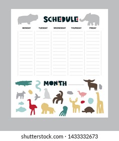 Vector weekly planner with animal silhouettes in cartoon and cut paper style, bear, dog, moose, lion, ostrich, giraffe, elephant, hippopotamus, octopus, turtle. Schedule design template