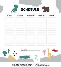 Vector weekly planner with animal silhouettes in cartoon and cut paper style, bear, dog, moose, lion, ostrich, giraffe, elephant, hippopotamus, octopus, turtle. Schedule design template