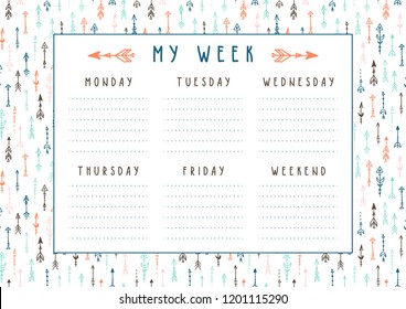 Vector weekly planner in boho style with arrows and feathers. Printable week schedule with hand drawn elements, ready to use.