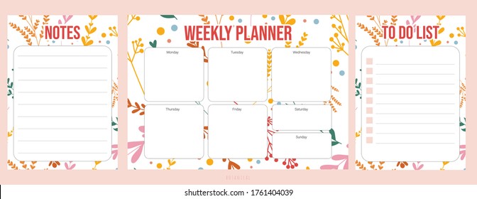 Vector weekly planner, botanical style. Floral Weekly Planner template. To do list, Notes pages. Minimalist style, bright colors. Organizer for week plans. Schedules. Hand drawn vector illustration