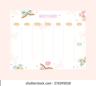 Vector Weekly Planner With Butterflies