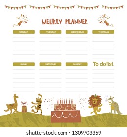 Vector weekly planner with cake, cute animals, llama, leopard, lion, kangaroo  in cartoon style. Birthday style. Schedule design template