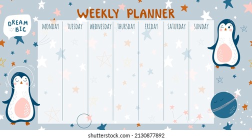 Vector weekly planner for children. Schedule design template. Cosmic theme background.