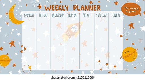 Vector weekly planner for children. Schedule design template. Cosmic theme background.