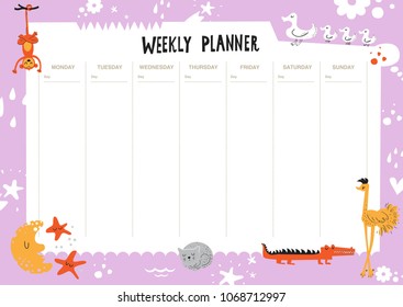 Vector weekly planner with cute animals and elements. Schedule design template. Cute list.  Monkey, strauss, cat, hearts, duck, crocodile, moon and stars. Vector illustration