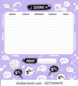 Vector weekly planner with cute animals and elements. Speech bubbles with text Z Z, mouse with cheese, sleeping lion, sleeping cat. Schedule design template. Vector illustration