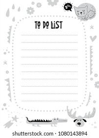 Vector weekly planner with cute animals and elements in cartoon style. To do list. Schedule design template. Crocodile, moose, sleeping cat on the background of flowers, stars, hearts