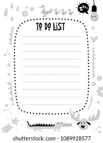 Vector weekly planner with cute animals and elements. To do list. Schedule design template. 