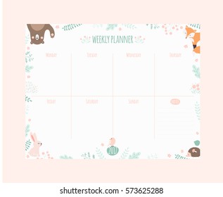 Vector weekly planner with cute animals