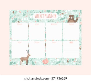 Vector Weekly Planner With Cute Animals