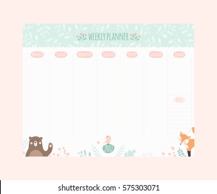 Vector Weekly Planner With Cute Animals