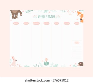 Vector Weekly Planner With Cute Animals