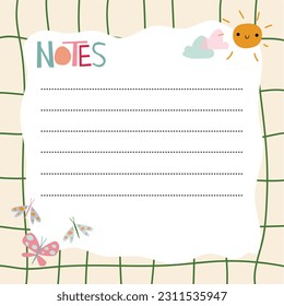 Vector weekly planner with cute animals.Notebook sheet with sun and butterflies in mosern style. Vector illustration.