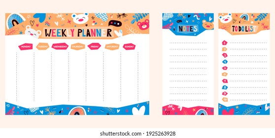 Vector Weekly Planner With Cute Bears, Rainbow, Stars In Cartoon Style. Kids Schedule Design Template With To-do List And Notes.Bright Colors.