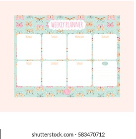 Vector weekly planner with cute butterflies